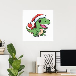 Poster T-Rex Dinossauro Kawaii em Chapéu de Natal