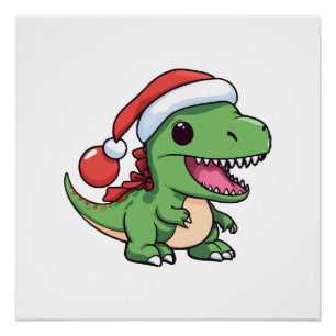 Pôster T-Rex Dinossauro Kawaii em Chapéu de Natal