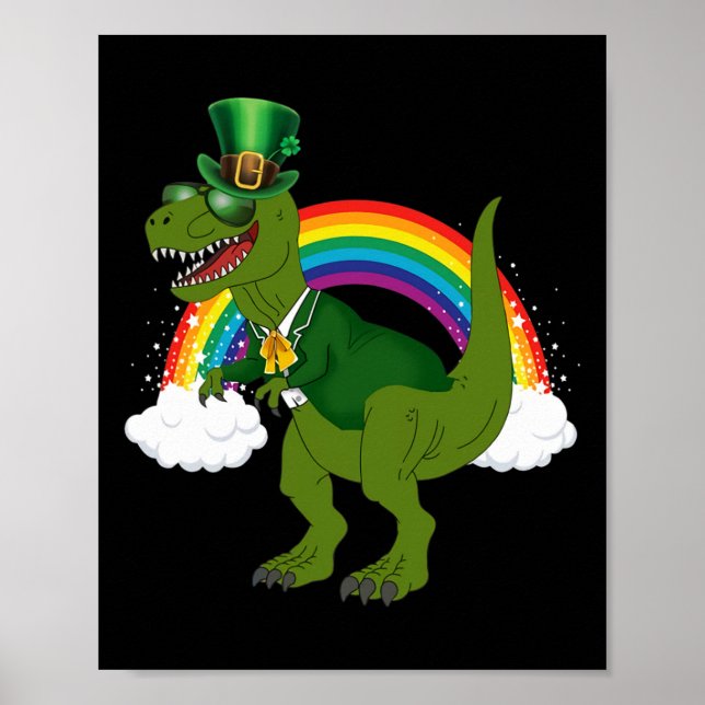 Poster T-rex Dinossauro Leprechaun Arco-íris Dia de São P (Frente)