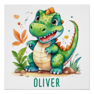 Pôster T-Rex Dinossauro Verde Fofo Personalizado
