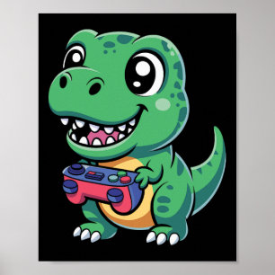 Poster T-Rex Feliz Com Controle De Jogo Dinossauro Gamer 
