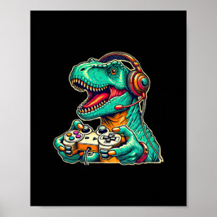 Poster T-rex Jogando Com Headset Dinossauro Engraçado Grá
