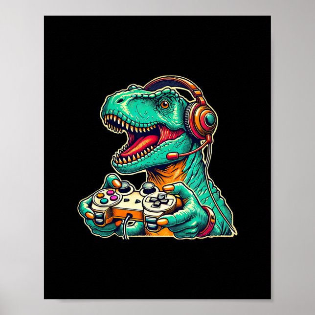 Poster T-rex Jogando Com Headset Dinossauro Engraçado Grá (Frente)