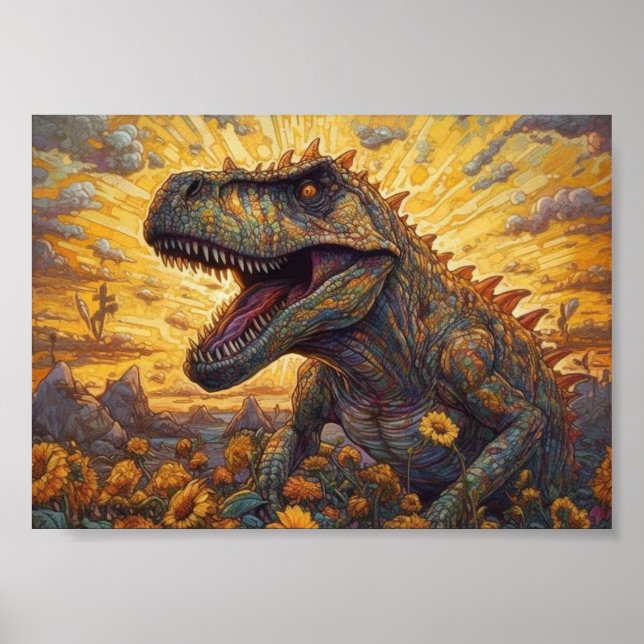 Poster T-rex num campo de girassol (Frente)