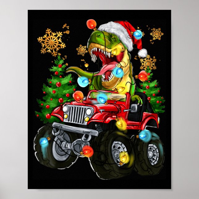 Poster T-rex Santa In Monster Truck With Christmas Trees  (Frente)