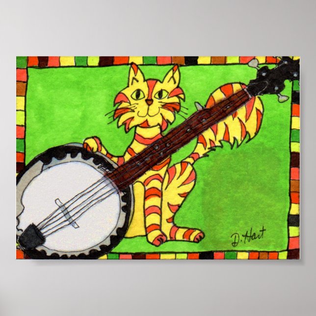 Pôster Tabby Cat com Banjo Mini Folk Art (Frente)