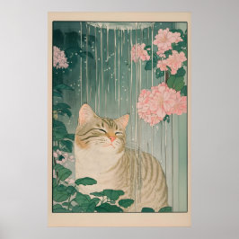 Poster Tabby Cat Shower Print Ukiyo-e Botanical Bathroom