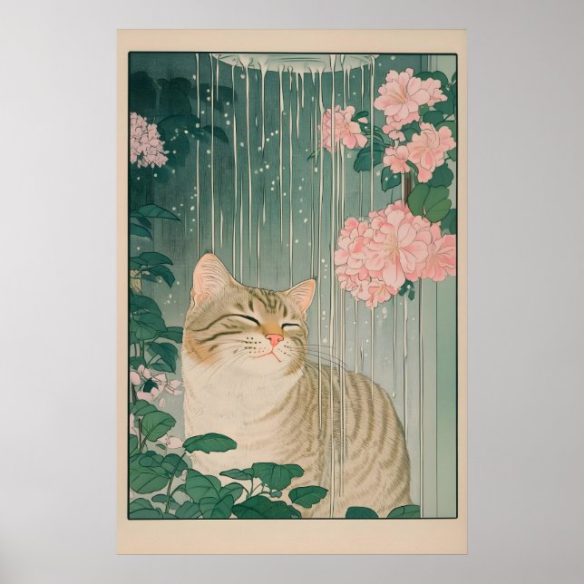 Poster Tabby Cat Shower Print Ukiyo-e Botanical Bathroom (Frente)