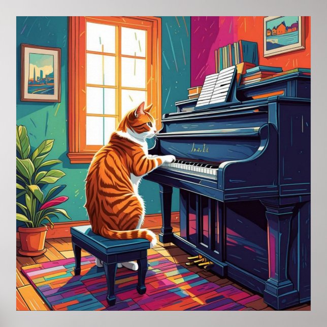 Poster Tabby Cat Tocando o Piano (Frente)
