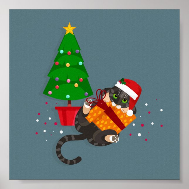 Poster Tabby Geométrico Cat brincando com natal presente (Frente)