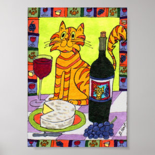 Poster Tabby Laranja Gato com Vinho e MiniArte Foliar de