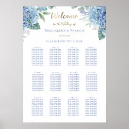 Poster tabela de assentos de casamento da hydrangea azul
