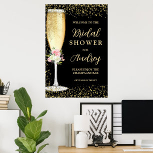 Poster Taça de Champanhe Elegante Floral Chá de Noiva