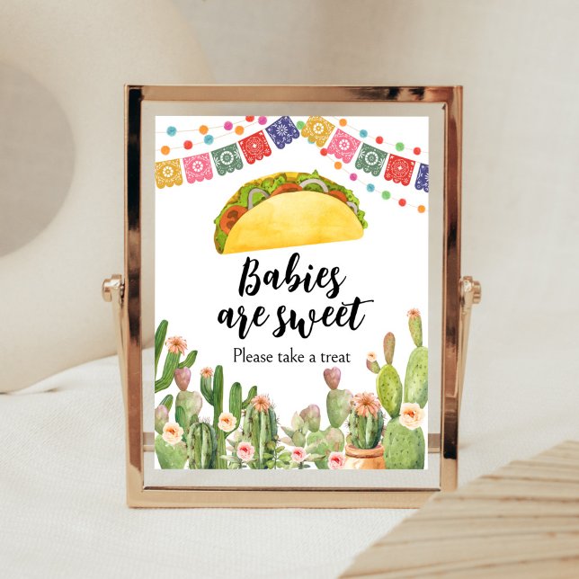 Poster Taco Bout Um Bebê Fiesta Babies são Doces (Fiesta Cactus Baby Shower Babies are Sweet Sign)
