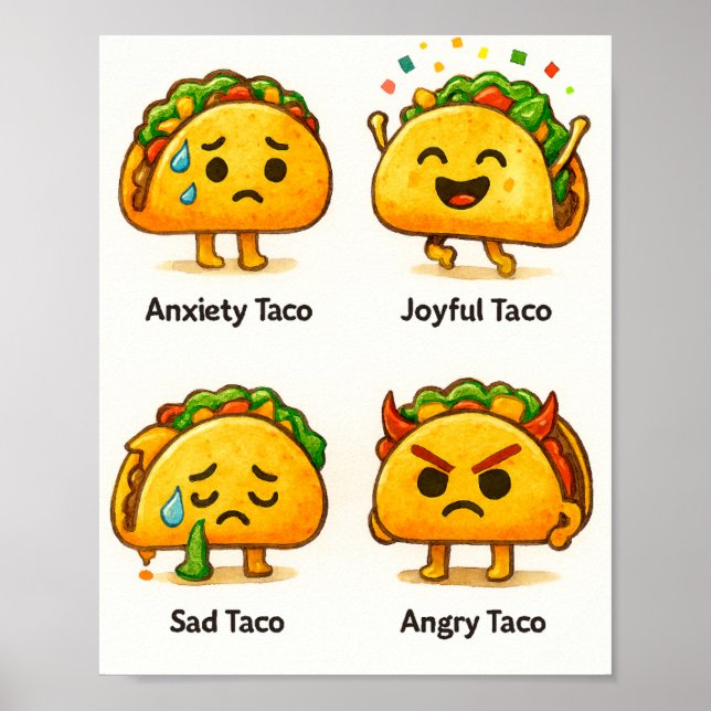Poster Taco Feelings Funny Four Moods of Tacos Art Print (Frente)
