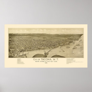 Poster Tacoma, mapa panorâmico de WA - 1885