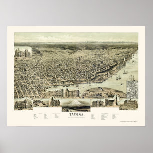 Pôster Tacoma, mapa panorâmico de WA - 1890