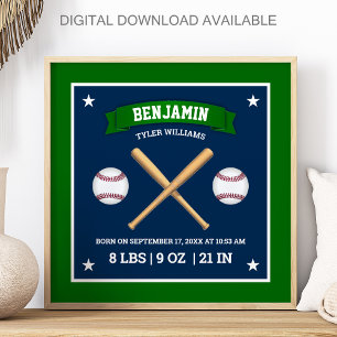 Poster Tacos de beisebol verdes e azuis e estatísticas de