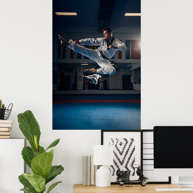 Poster Taekwondo Athlete Performing Flying Sidekick (Escritório em casa)