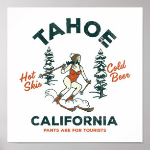 Poster Tahoe, California Funny Retro Skiing & Beer Art