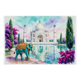 Pôster Taj Mahal & Elefante Aquarela