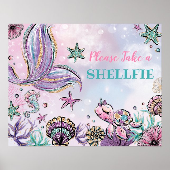 Poster Take a Shellfie - Pink Purple Mermaid Party Selfie (Frente)