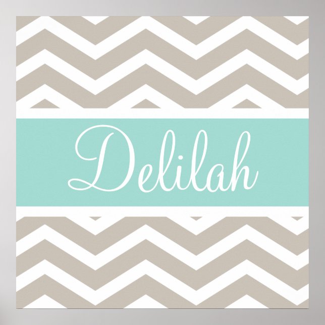 Pôster Tan Teal Chevron Nome Personalizado (Frente)
