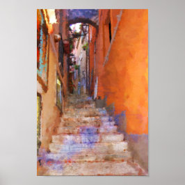 Poster Taormina Sicily Itália Narrow Street Steps Paintin
