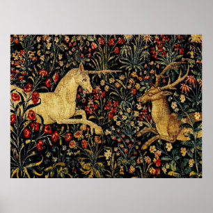 Poster Tapeçaria de Jardim Floral Unicórnio Medieval à Me