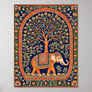 Poster Tapeçaria indiana da árvore sagrada e do elefante