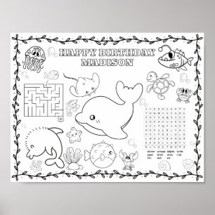 Poster Tapete de colorir aniversário de animais marinhos