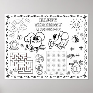 Poster tapete de colorir aniversário de insetos abelha me