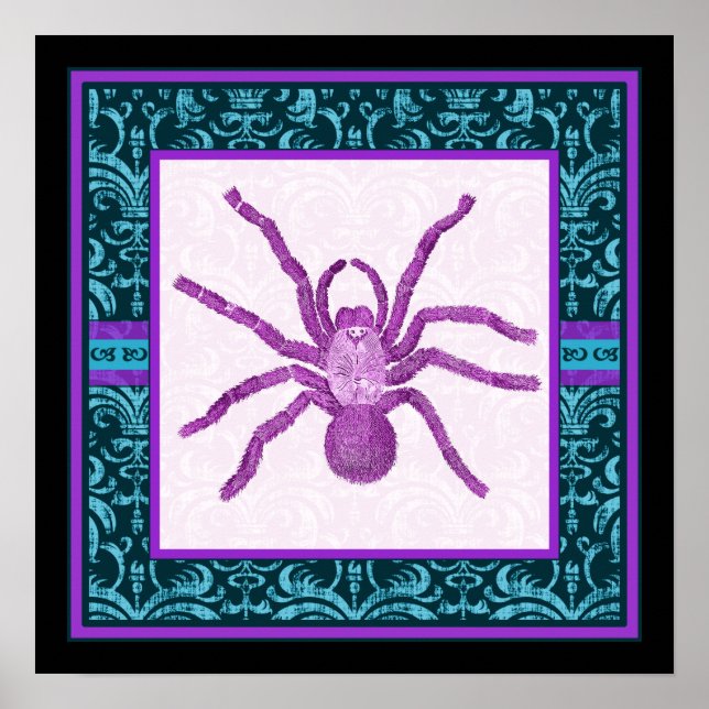 Pôster Tarantula - Elegante Borda de Damasco em Verde-águ (Frente)