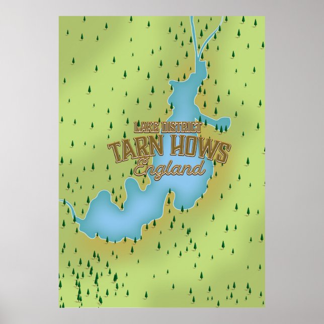 Poster Tarn Hows, distrito dos lagos, mapa de viagem. (Frente)