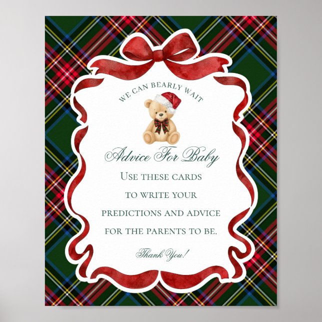 Poster Tartan Plaid Christmas Bear Shower Advice for Baby (Frente)