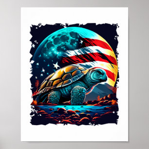 Poster Tartaruga americana sob lua com bandeira americana