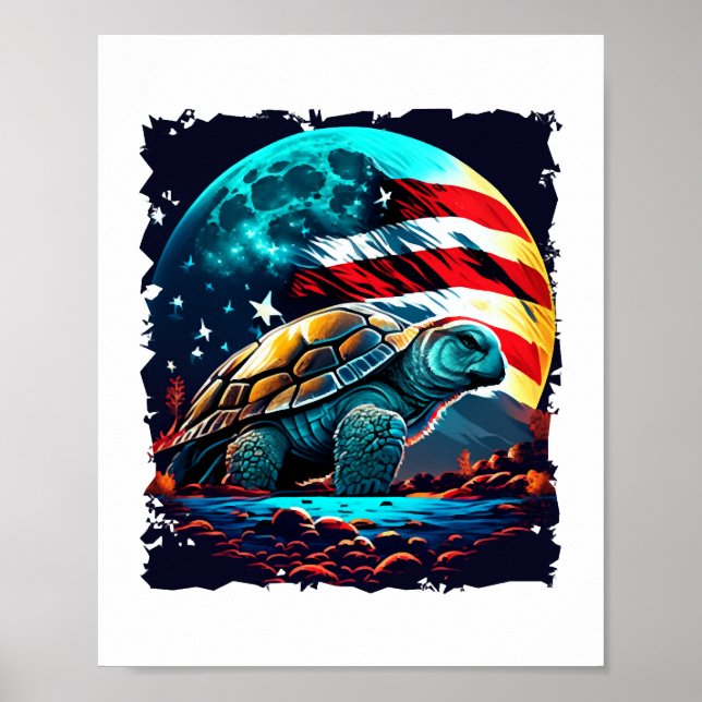 Poster Tartaruga americana sob lua com bandeira americana (Frente)