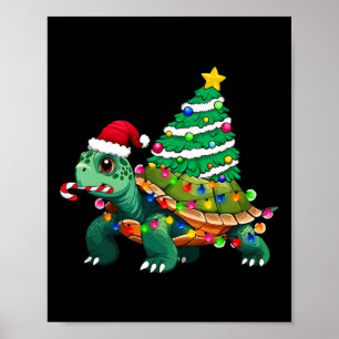 Poster Tartaruga Árvore de Natal Luz Santa Hat Oceano