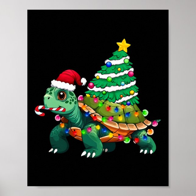 Poster Tartaruga Árvore de Natal Luz Santa Hat Oceano (Frente)