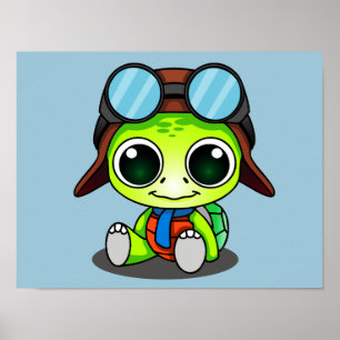 Poster Tartaruga bonito do aviador de Chibi