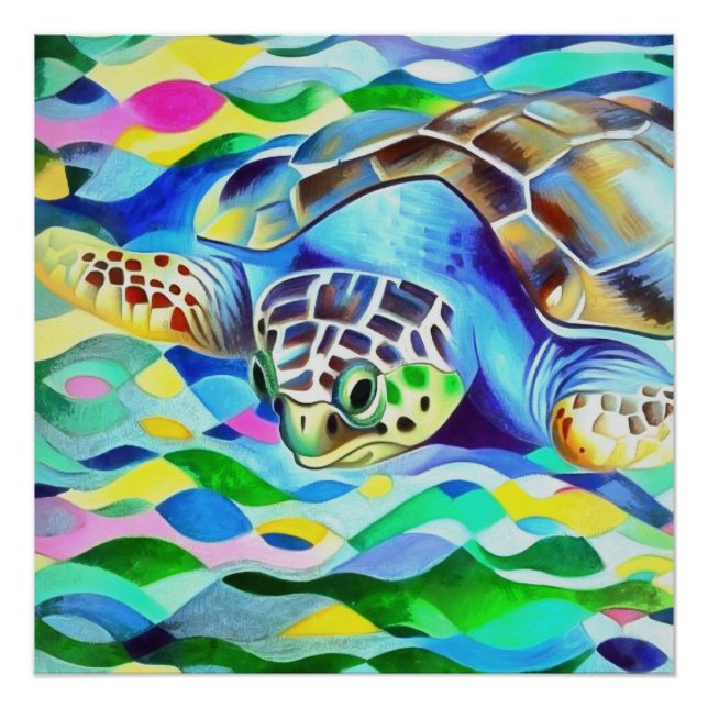 Pôster Tartaruga Caretta Caretta Cuta E Arte Colorida (Frente)
