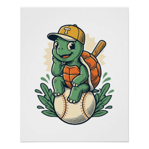 Pôster Tartaruga de Beisebol Ilustração Vintage Gráfica_1