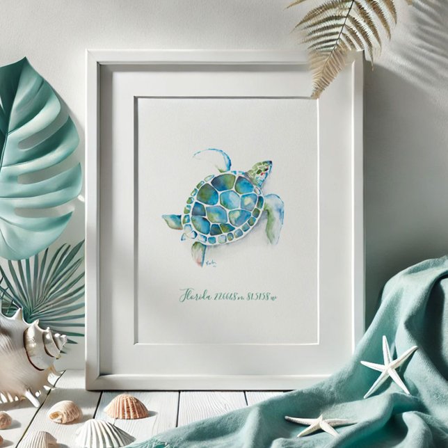 Poster Tartaruga-do-mar (Beach pictures watercolor sea turtle drawing coastal art by Victoria Grigaliunas of Do Tell A Belle )