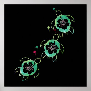 Poster Tartaruga do Mar Artista Flor de Hibiscus Na moda