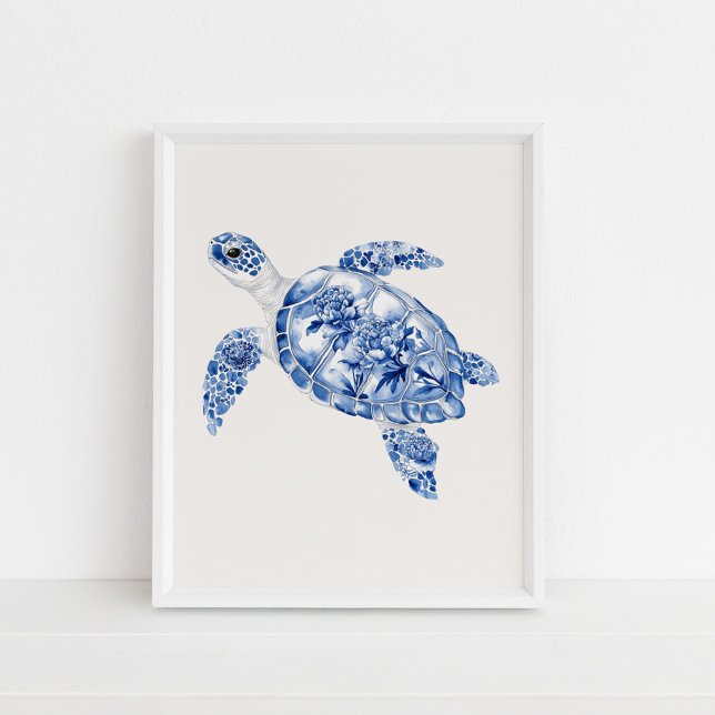 Poster Tartaruga-do-mar - Azul costeiro em bege (Overhead Sea Turtle – Coastal Blue on Beige Poster in a white frame on the floor)