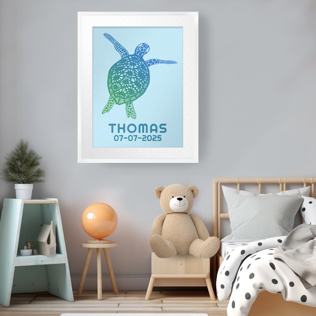 Poster Tartaruga do Mar Cento NOME PERSONALIZADO DE BEBÊ  (Cute Sea Turtle CUSTOM BABY NAME BIRTHDAY Art Poster
Green Blue)