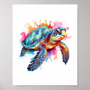 Poster Tartaruga-do-mar com Aquarela Colorida