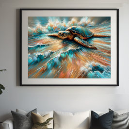 Poster Tartaruga do Mar de Desenho do Pastel duro na prai