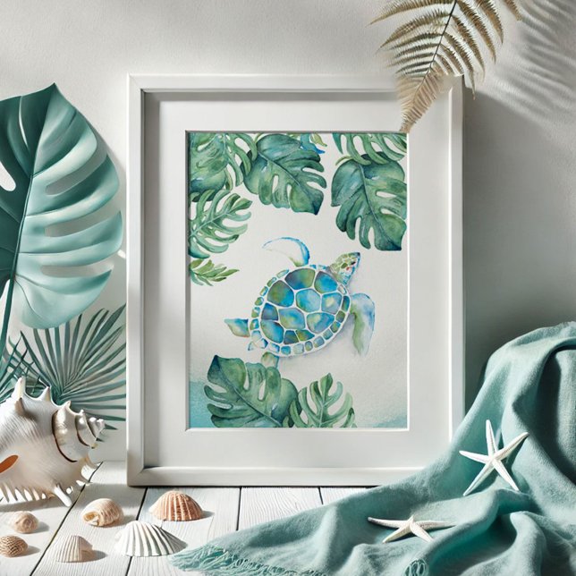 Poster Tartaruga do Mar e Folhas de Monstera (beach pictures watercolor sea turtle drawing with monstera palm leaves print by Victoria Grigaliunas)