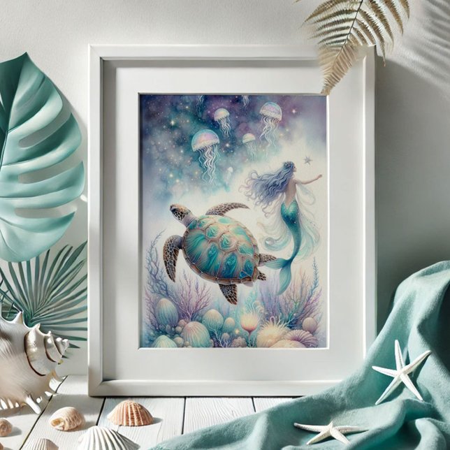 Poster Tartaruga do Mar Tranquila e Arte de Muro de Serei (beach pictures mermaid and sea turtle drawing by Do Tell A Belle. Shop)